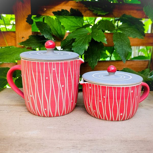 Stövchen-Set zur Salbenherstellung groß oder klein - Sgraffito Rot-Grau – Bild 3