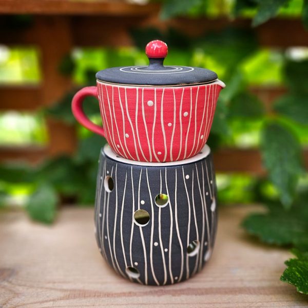 Stövchen-Set zur Salbenherstellung groß oder klein - Sgraffito Rot-Schwarz – Bild 5